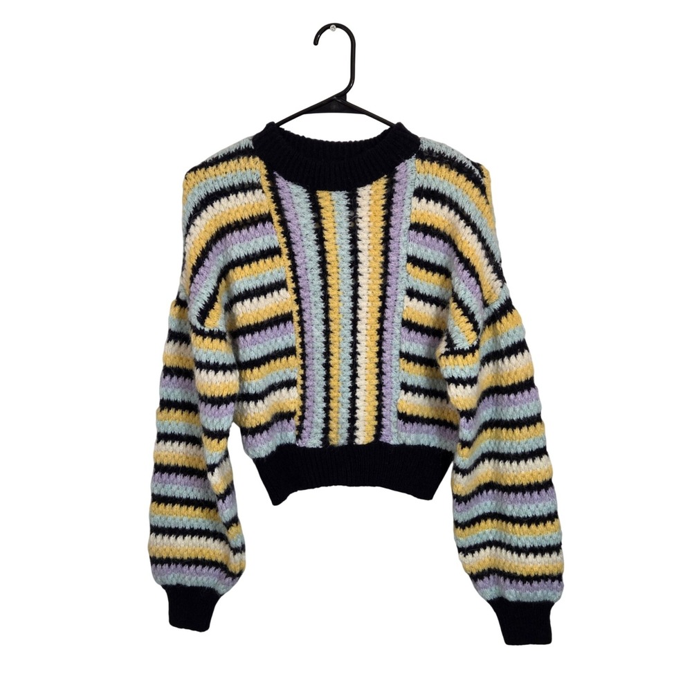 Zara Striped Knit Sweater Women's Sm Cropped Pullover Balloon Sleeve Retro‎ Boho